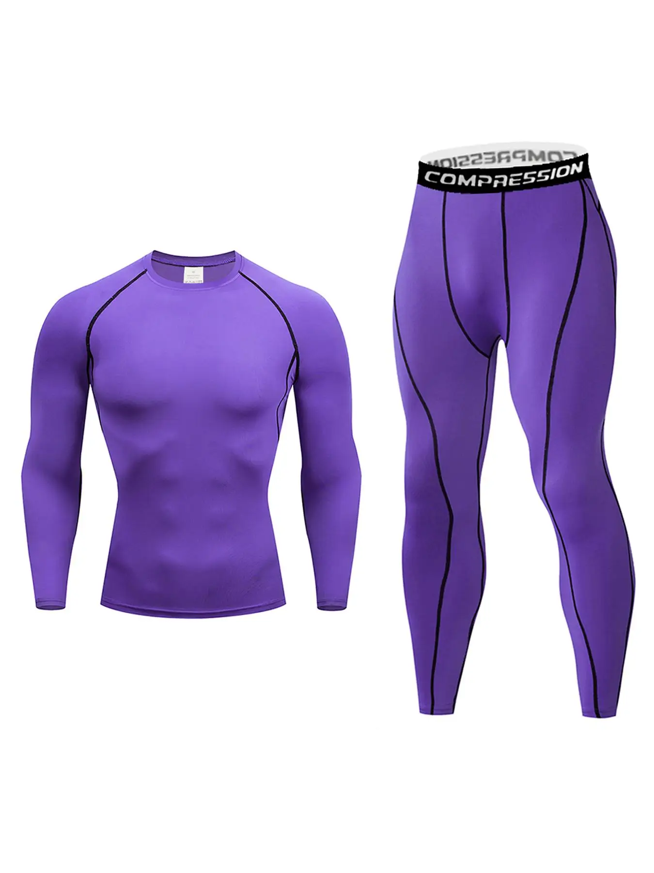 Two-Piece Set Men's Contrast Binding Round Neck Tee & Tape Waist Leggings Tracksuit Set, Quick Drying Breathable Long Sleeve T-shirt & Skinny Pants, S