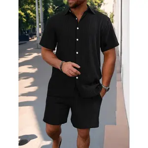 2024EuropeanandAmericanSummerMen'sShirtCasualLooseShortSleeveShortsBeachSuit