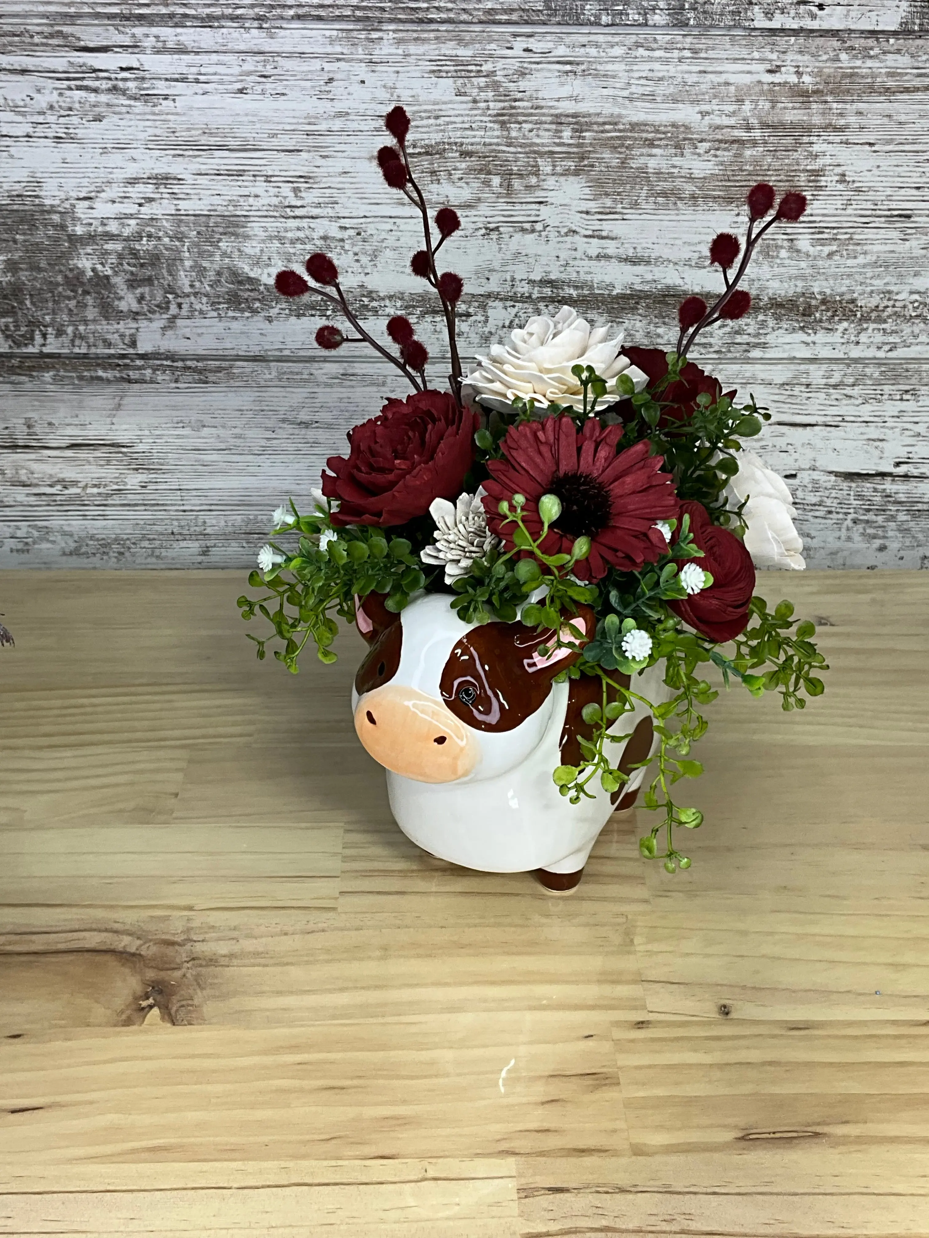 Farmhouse Ceramic Cow Vase with Burgundy & Cream Sola Wood Artificial Flower Bundle, Rustic Chic Table Decor Gift Ready Home Accent with Berries