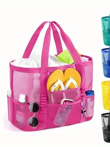 Large Beach Bag Mesh Net Travel Storage Handbag, Multiple Pockets, Ideal for Family Beach Bags, Essential Vacation Bag