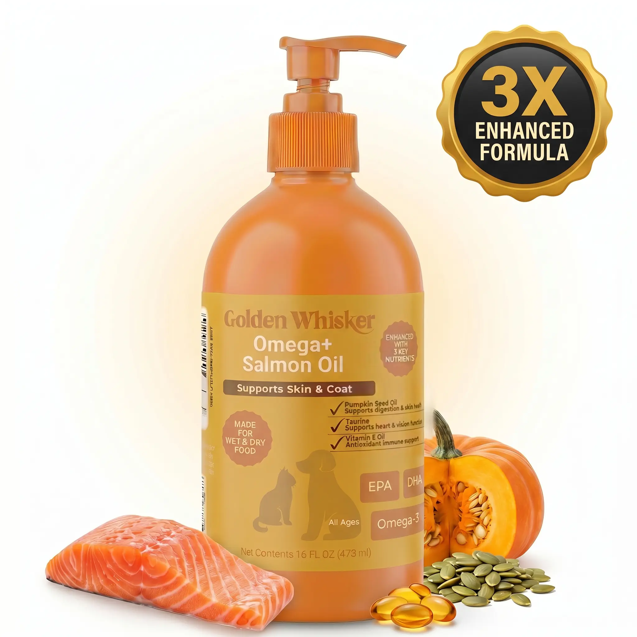 Golden Whisker Salmon Elixir for Cats & Dogs – Triple-Enhanced Omega-3 Formula with Vitamin E, Taurine & Pumpkin Seed Oil for Skin, Coat & Joint Health