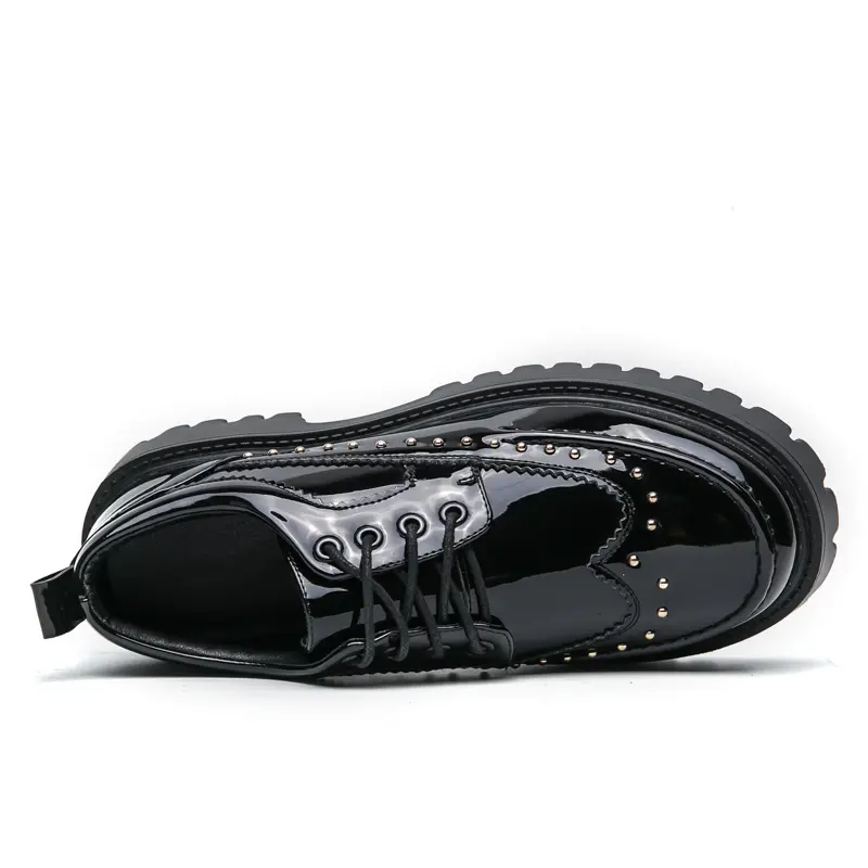 Men's Glossy Studded PU Leather Oxfords - Office Footwear, Lace-Up, Chunky Heel, Round Toe, Ankle Height, All-Seasons, CN38, for Business Casual Outfits