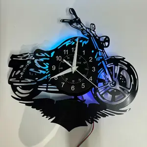 Vintage Motorcycle Vinyl Record Wall Clock, LED Seven-Color Glow, Retro Art Decor, Remote Control, Ideal Gift for Garage Bedroom Living Room