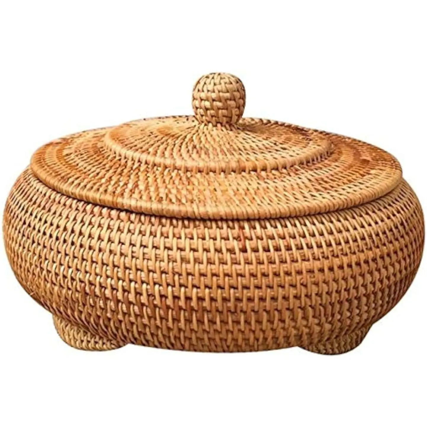 Round Hand-Woven Rattan Boxes with Lid 8.6Inch (22x13cm) Multi-Purpose Wicker Tray for Picnic Food Bread Table Storage, Souvenir, Gift