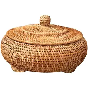 Round Hand-Woven Rattan Boxes with Lid 8.6Inch (22x13cm) Multi-Purpose Wicker Tray for Picnic Food Bread Table Storage