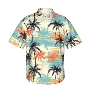 Hawaiian Men's Tropical Coconut Tree Pattern Print Has Pockets Turn- Collar Shirt, Fashionable and Versatile, Short Sleeve Button-Up Men's Shirt, Suitable for Summer Casual Wear and Beach Vacation