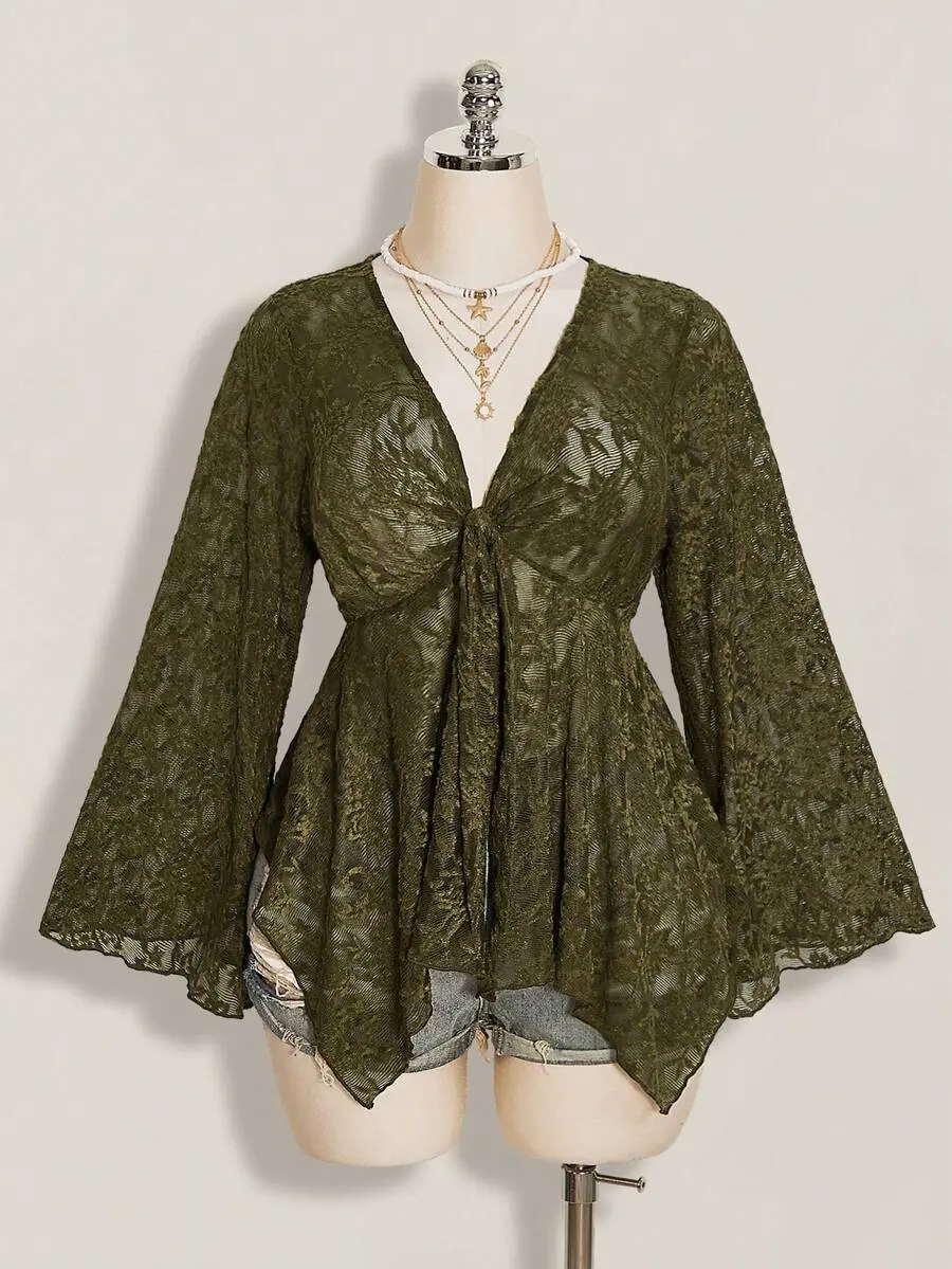 Kallé x  Plus Size V-Neck Asymmetrical Hem Flare Sleeve Knit Jacquard Top, Vintage Y2K Flare Sleeve Blouse Fall