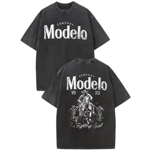 Holafish Acid Wash Vintage Modelo T-Shirt – Heavyweight Cotton Streetwear Graphic Tee for Men | Retro TV Show Inspired Crewneck Short Sleeve Outdoor Tee