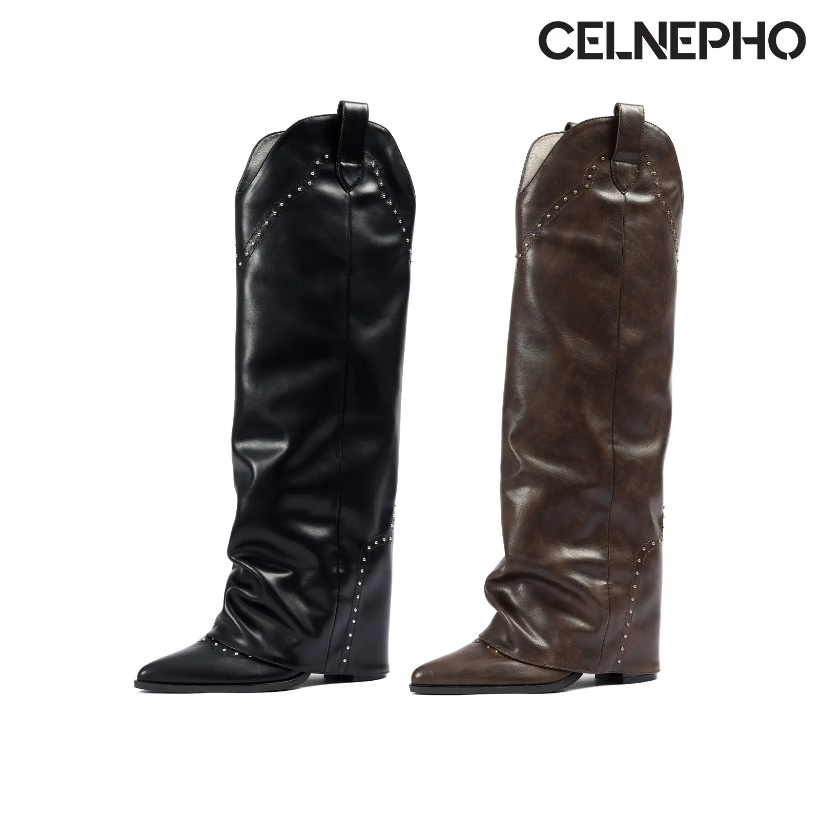 CELNEPHO Women Cowboy Boots Pointed Toe Block Heel Western Foldover Knee High Boot Vintage Rivet Design Easy Pull on Tabs Country Wedding Casual Spring Dress Shoes