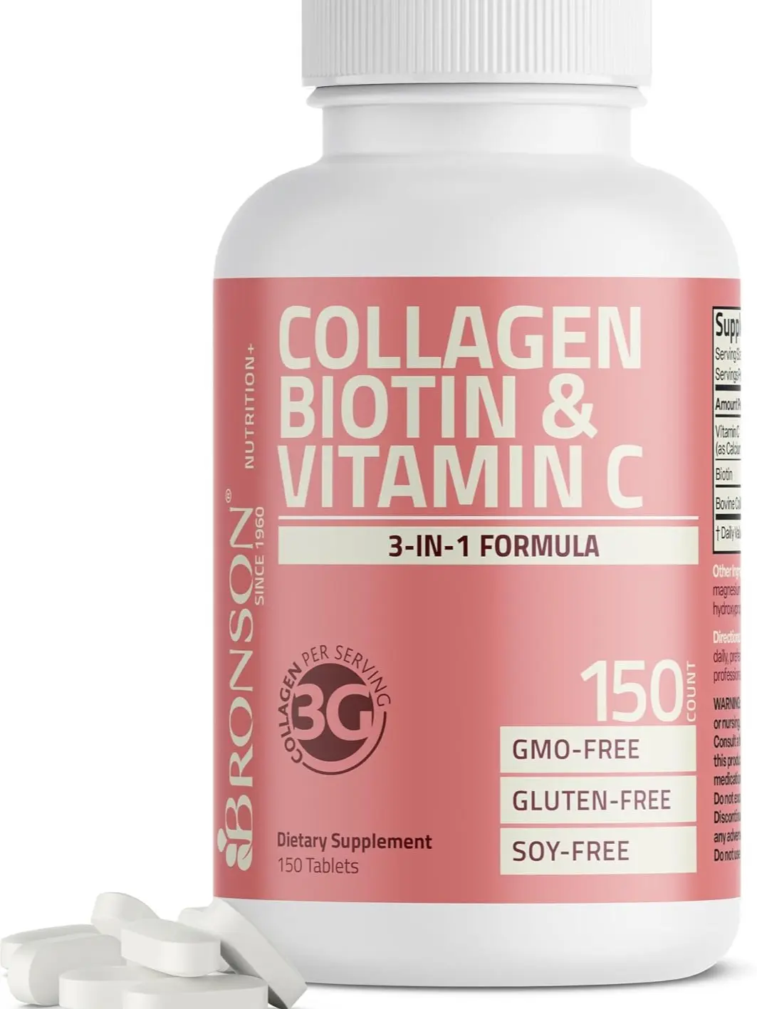 Bronson Collagen Peptides 3000mg with Biotin & Vitamin C, 150 Tablets | Hair, Skin & Nails Support, 3g Collagen per Serving, Non-GMO, Gluten-Free, Soy-Free