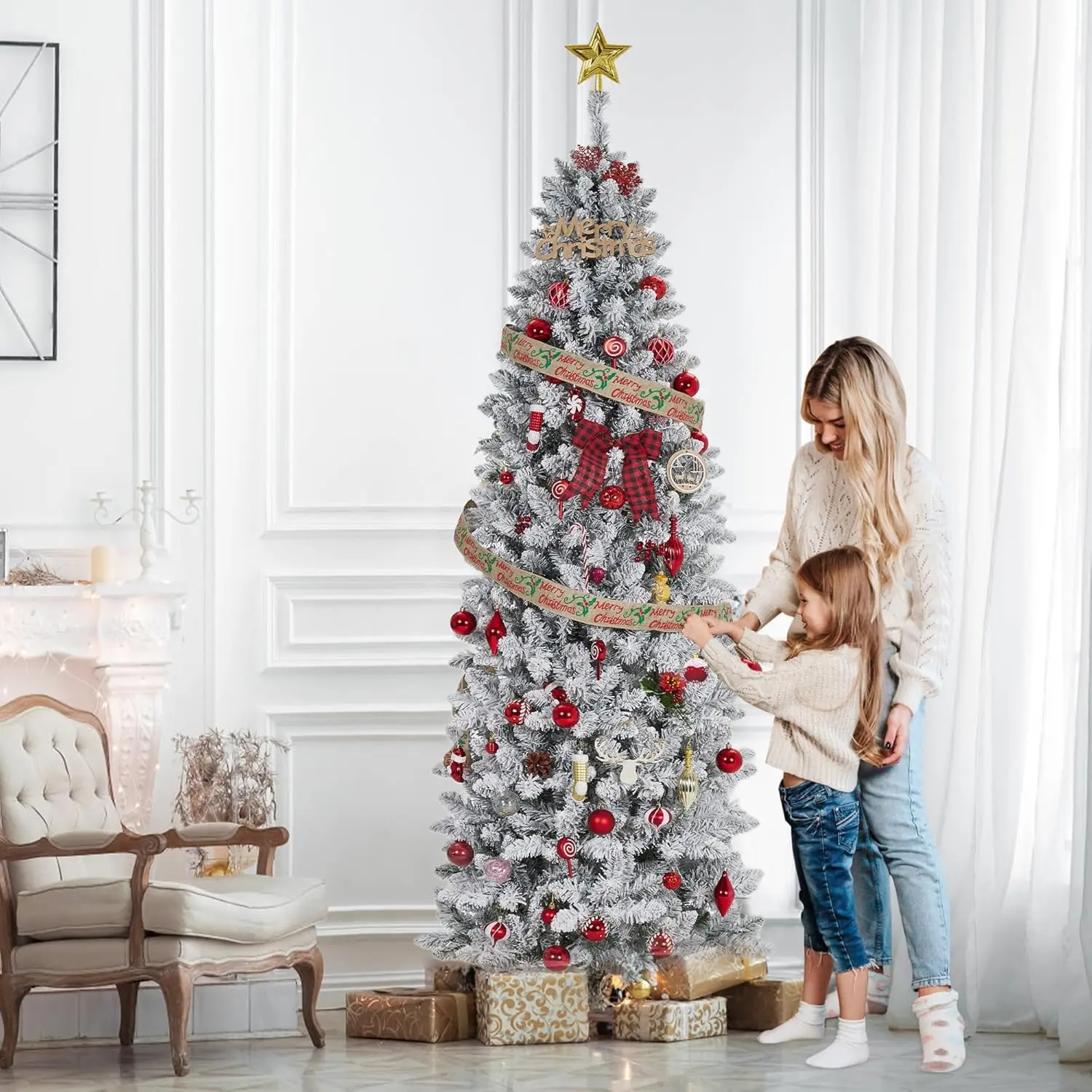 Pre-Lit Snow-Flocked Pencil Christmas Tree, Slim Artificial Xmas Tree with Warm White LED Lights, Frosted Hints, Easy-Assembly Hinged Divisions, Collapsible Stand - 6ft/9ft