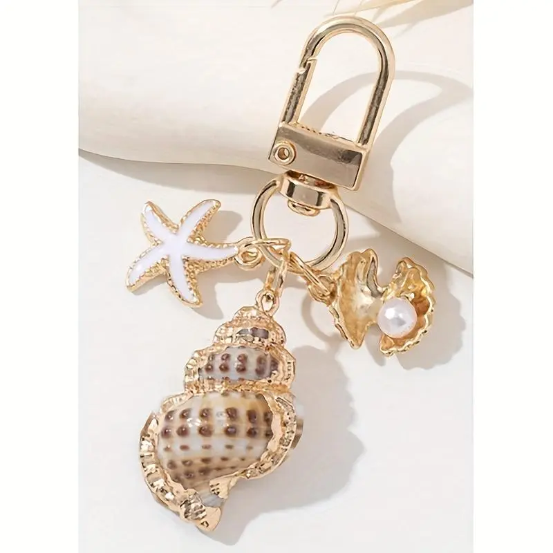 Women's Fashion Seaside Theme Single-Piece Metallic Keychain - Shell, Starfish, Imitation Pearl Charms - Casual Nautical Handbag/Wallet Accessory - Coastal Gift for Beach Lovers