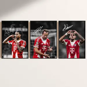[UNFRAMED] Signed Football Art Set of 3, Kane Olise Luis Diaz Poster, Premium Soccer Wall Decor