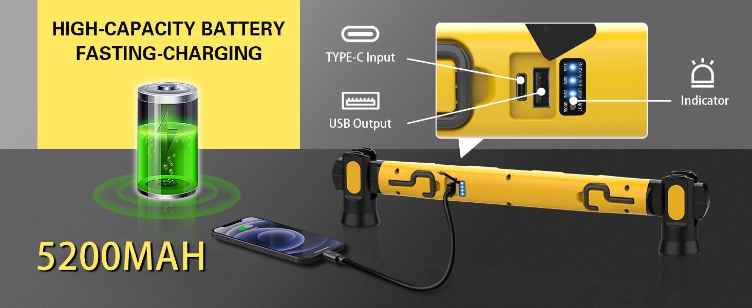 Work Light for Mechanic,3000LM LED Work Lights,5200mAh Rechargeable Magnetic Light bar,Portable Automotive Tools Underhood Light with Hooks for Car Garage Workshop Emergency,Gifts for Him, Yellow