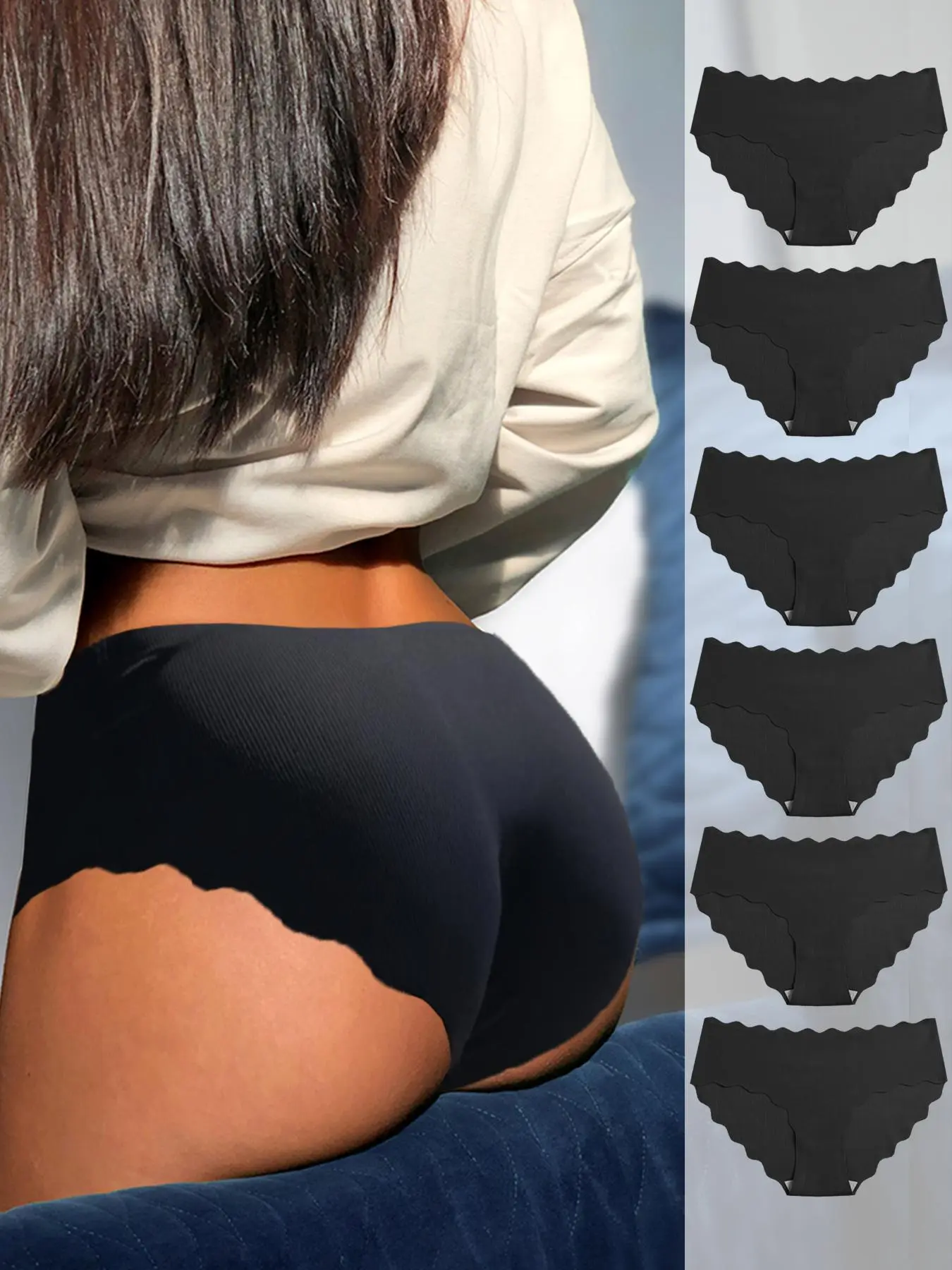 Women's 6pcs Feminine Minimalist Solid Scallop Trim Panty, Lady Basic Soft Comfort Fit Seamless Knitting Knickers for Daily Wear Everyday All Seasons, Womenswear Underwear