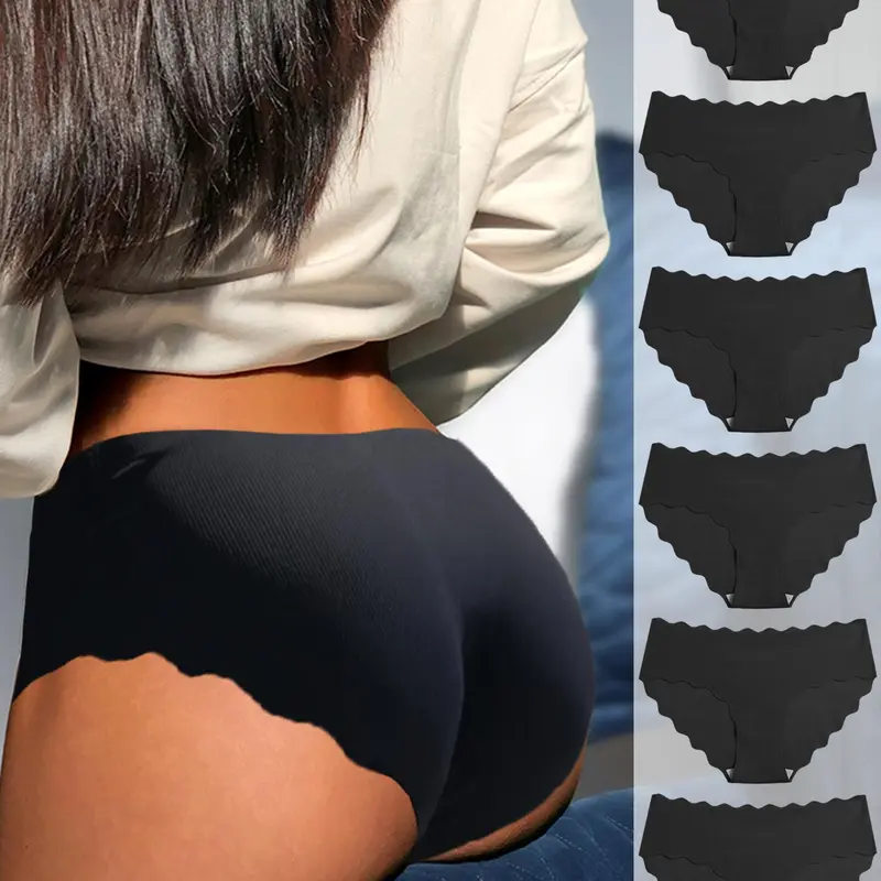 Women's 6pcs Feminine Minimalist Solid Scallop Trim Panty, Lady Basic Soft Comfort Fit Seamless Knitting Knickers for Daily Wear Everyday All Seasons, Womenswear Underwear Seamless Panties