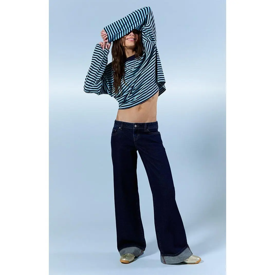 Pacsun Women's Kaia Ultimate Low Rise Baggy Jeans Roll Cuff Dark Blue