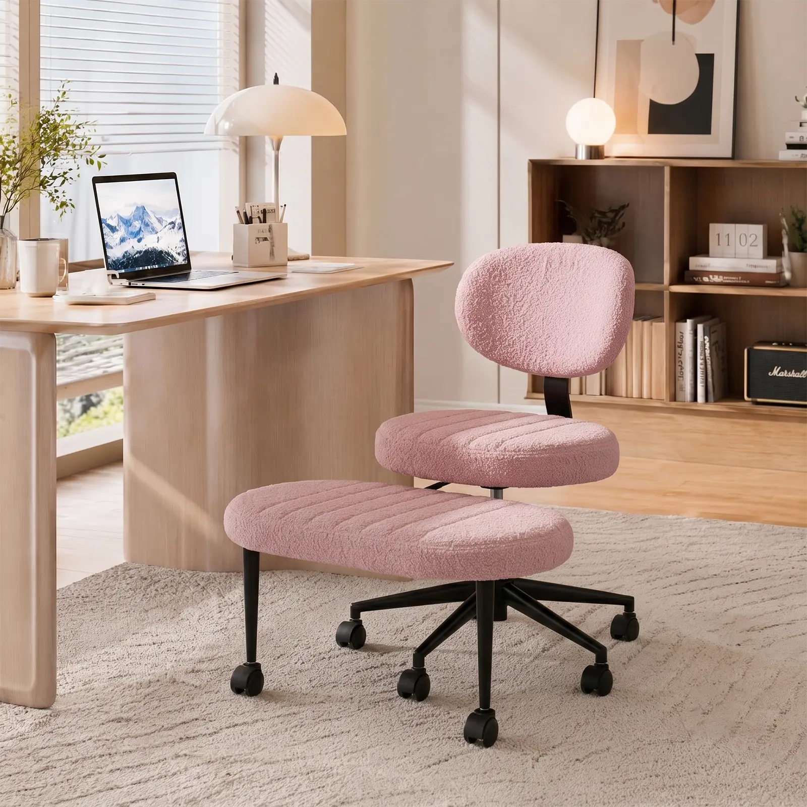 Criss Cross Chair with Footrest, 360° Swivel Faux Shearling Office Chair, Extra Wide Seat with Sofa-Like Comfort, Ergonomic Cross Legged Desk Chair for Cozy Reading, Meditation (Pink)