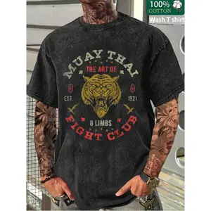 Muay Thai Fighter Vintage Tee Twin Tiger Art Of 8 Limbs Printing Heavy 230g Pure Cotton Oversized Drop Shoulder T-Shirt Washed T-Shirt Men's Retro Street T-Shirt Basic T-Shirt Loose Hip-Hop Unisex Top Acid Wash T-Shirt