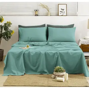 Linen Sheets  Size,  Washed  Linen Sheets Set, 4 count  Bedding Sheets Set with Durable Deep Pocket Fitted Sheet & Flat Sheet & 2 Pillowcases,  Blue