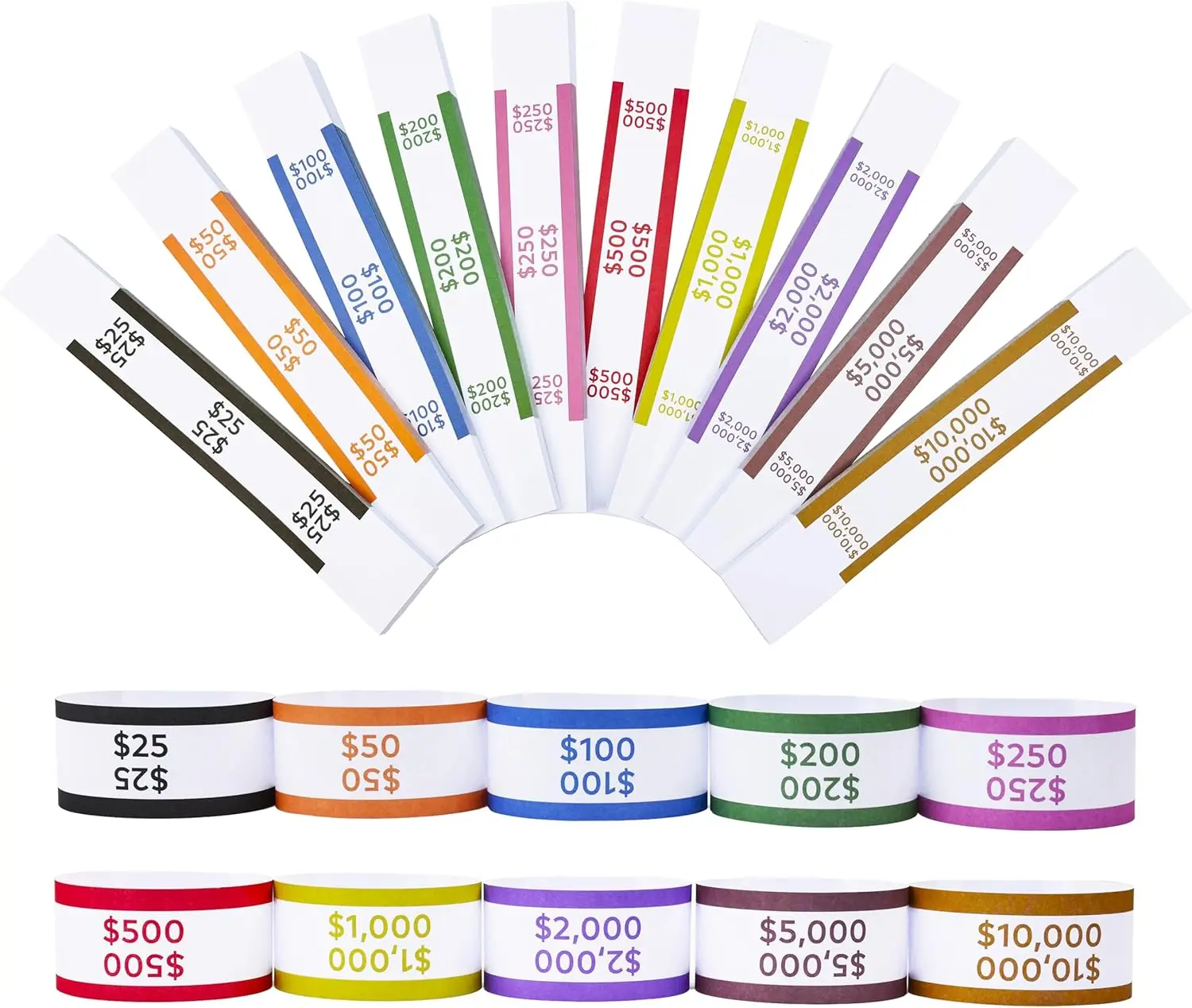 1000pcs ABA Standard Colors Self-Seal Money Bands, 12-Color 7.48 Inches Cash Wrappers Currency Straps (100 per Strap) for Banks & Businesses Cash Organization