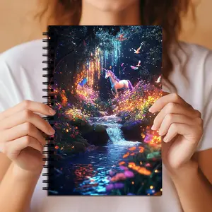 Unicorn Enchanted Forest Spiral Notebook, Magical Glowing Nature Aesthetic, Glittering Stream & Vibrant Floral Design, College Ruled Paper Journal