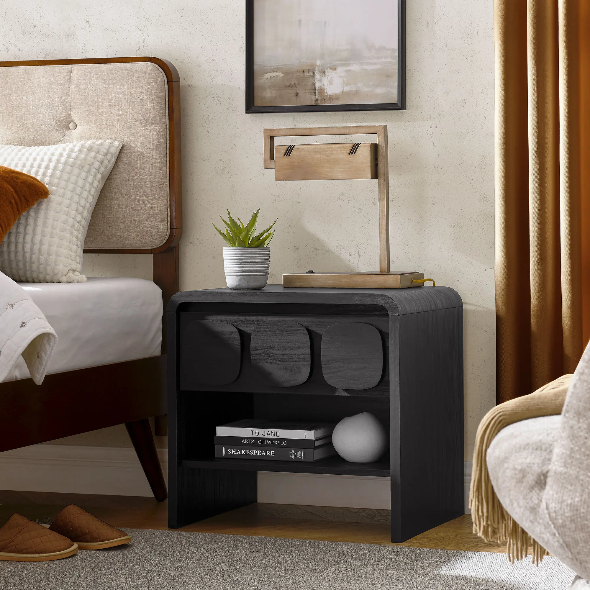 Toscana Modern Black Nightstand - 1-Drawer Bed Side Table with Glide Function, Compact Design & Circular Motif for Modern Bedroom Indoor Furniture, One Piece