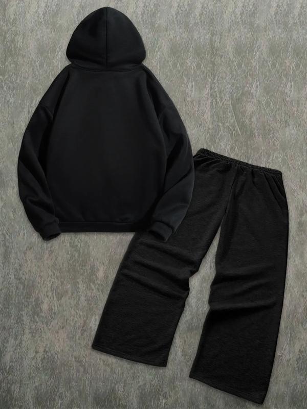 Men's Fall & Winter 2-Piece Set, Loose-Fit Zip Hoodie + Drawstring Casual Sports Pants, Letter Pattern, Fitted Style, Athleisure Wear Set