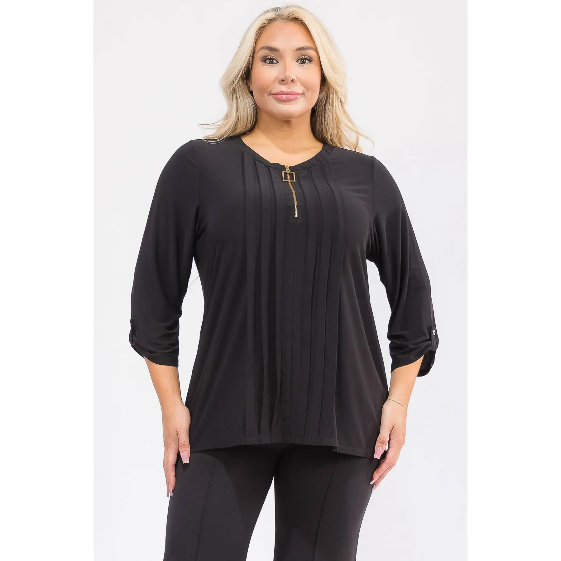 Plus Pintuck Square Ring Zipper Blouse