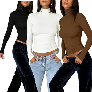 Y2K Korean Style 3-Pack Layering Tops - Breathable Cotton Blend Crewneck & Turtleneck for Women, Slim-Fit Assorted Color, Great for Everyday Casual & Dates
