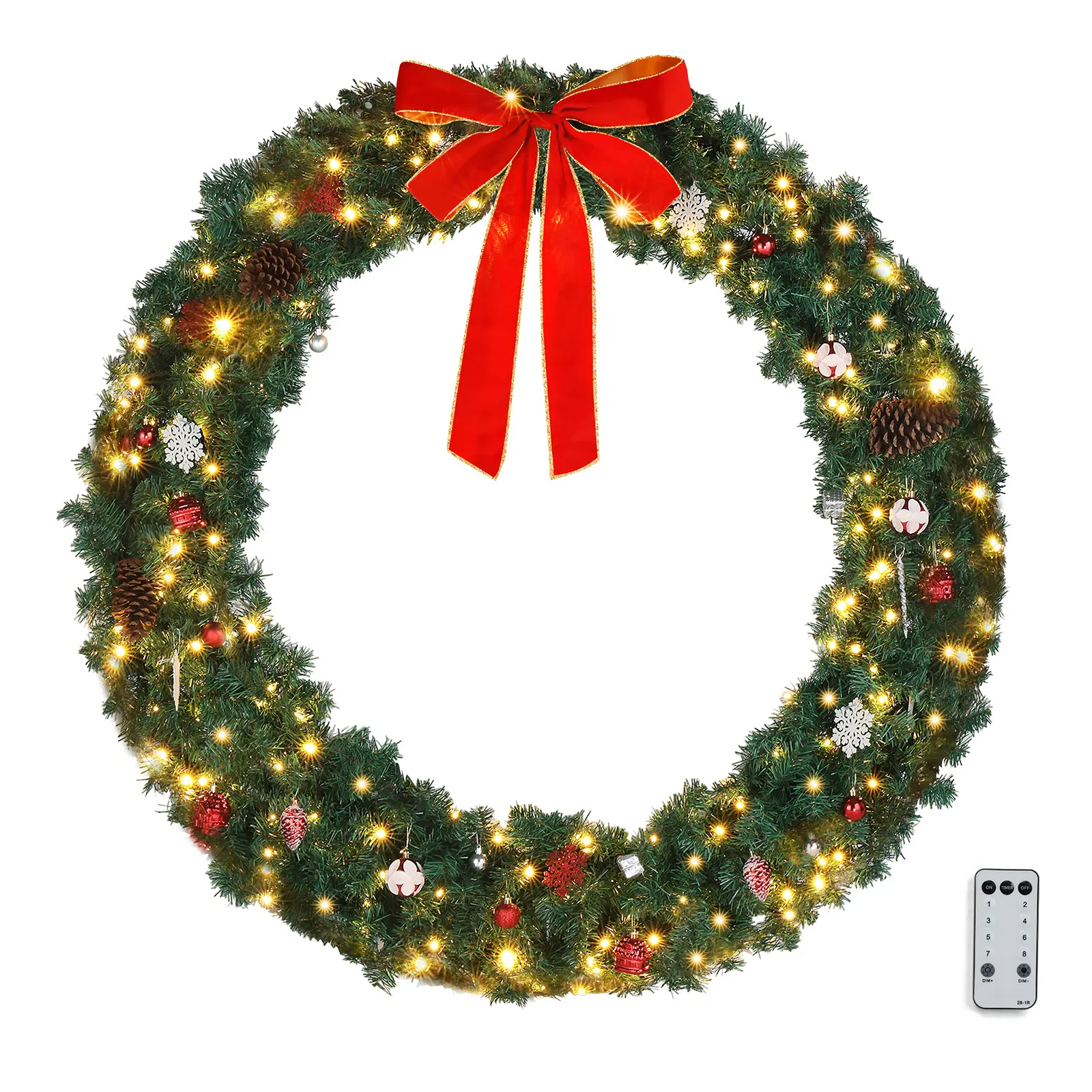 60 Inch Pre-lit Outdoor Christmas Wreath, Large Christmas Wreath with Lights 220 LED and 600 PVC Branches for Garage, Green Wreath w/Bow, Pine Cones, Ornaments, Remote Control, Timer (Plug-in)