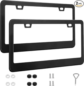 2 Pack License Plate Frames, Stainless Steel Car License Plate Cover Car Accessories with Screw Caps (Black)