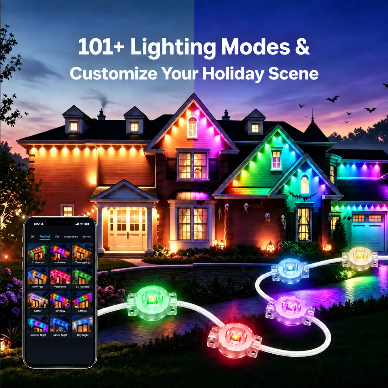 100FT Permanent Outdoor Lights, Smart RGBIC Eave Lights with App & Remote Control, Dynamic Chasing Effects, DIY Scene Modes, Waterproof Roofline LED Lights for Christmas, Halloween, Thanksgiving, Holiday & Everyday Home Decor