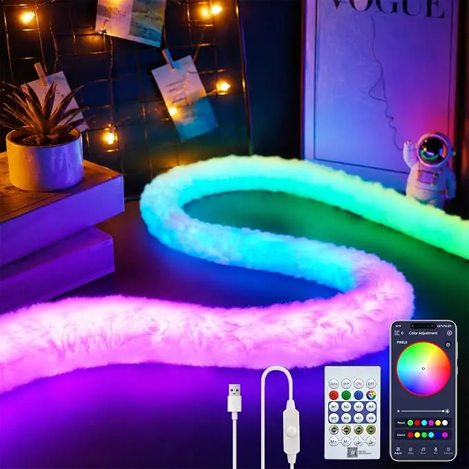 RGBIC Plush USB LED Neon Rope Lights with RGB Backlight, 360° Glow, App Control, RF Remote Control, Music Sync, Timer for Bedroom, Gaming Room Decor, Rgb Backlight Neon Lights
