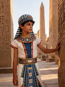 Egyptian Prince Set: Robe, Belt, Headscarf, Necklace, Ancient Egyptian Style, Blue Gold, Clear Print, Glossy Finish