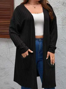【Plus Size】 Solid Pocket Ribbed Cardigan, Casual Drop Shoulder Long Sleeve Open Front Outerwear for Spring & Fall, Women's Clothes for Daily Wear