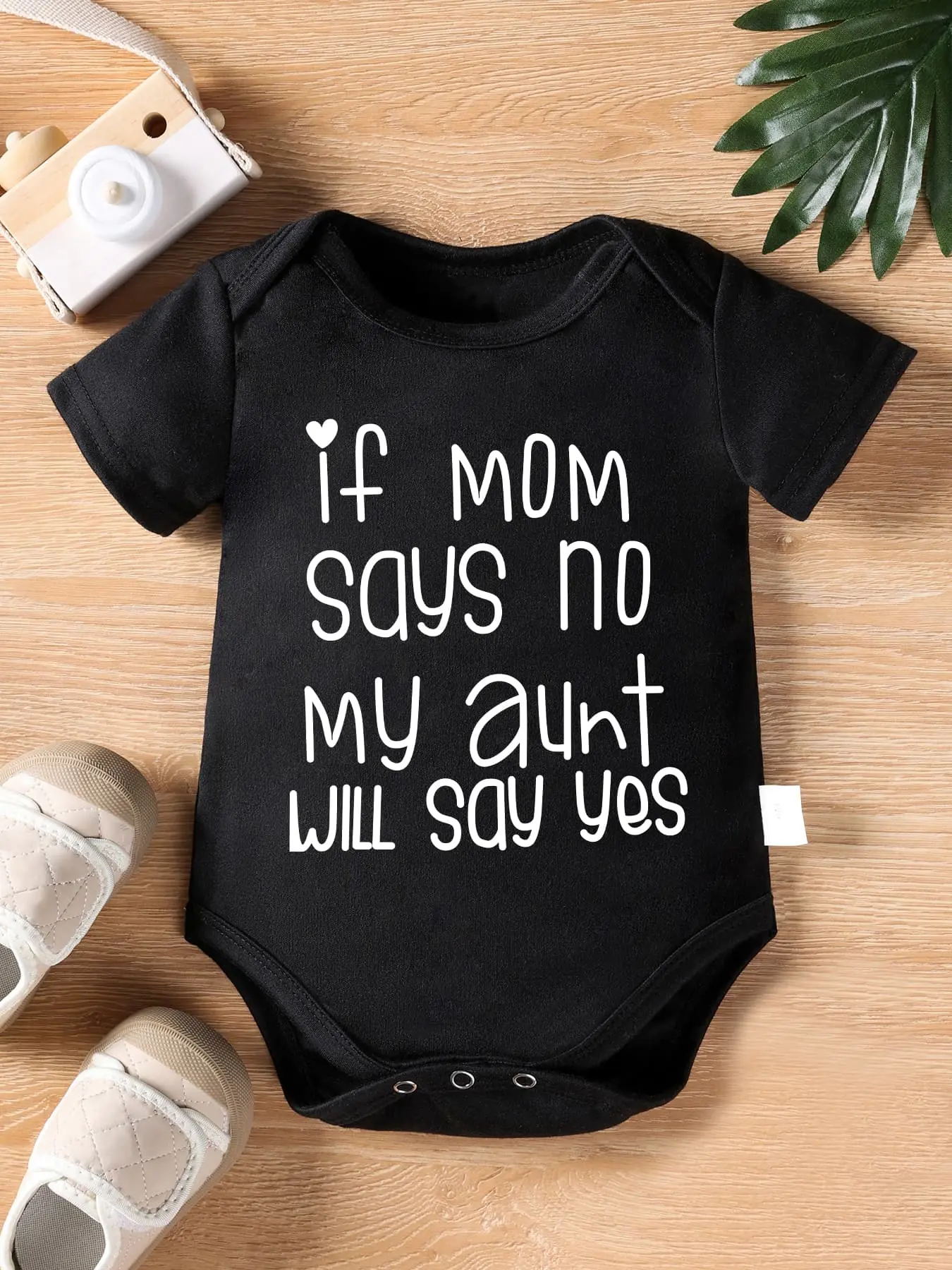 If Mom Says No My Aunt Will Say Yes Simple Heart Baby Bodysuit, Funny Aunt Short Sleeve Cotton Black Infant Onesie