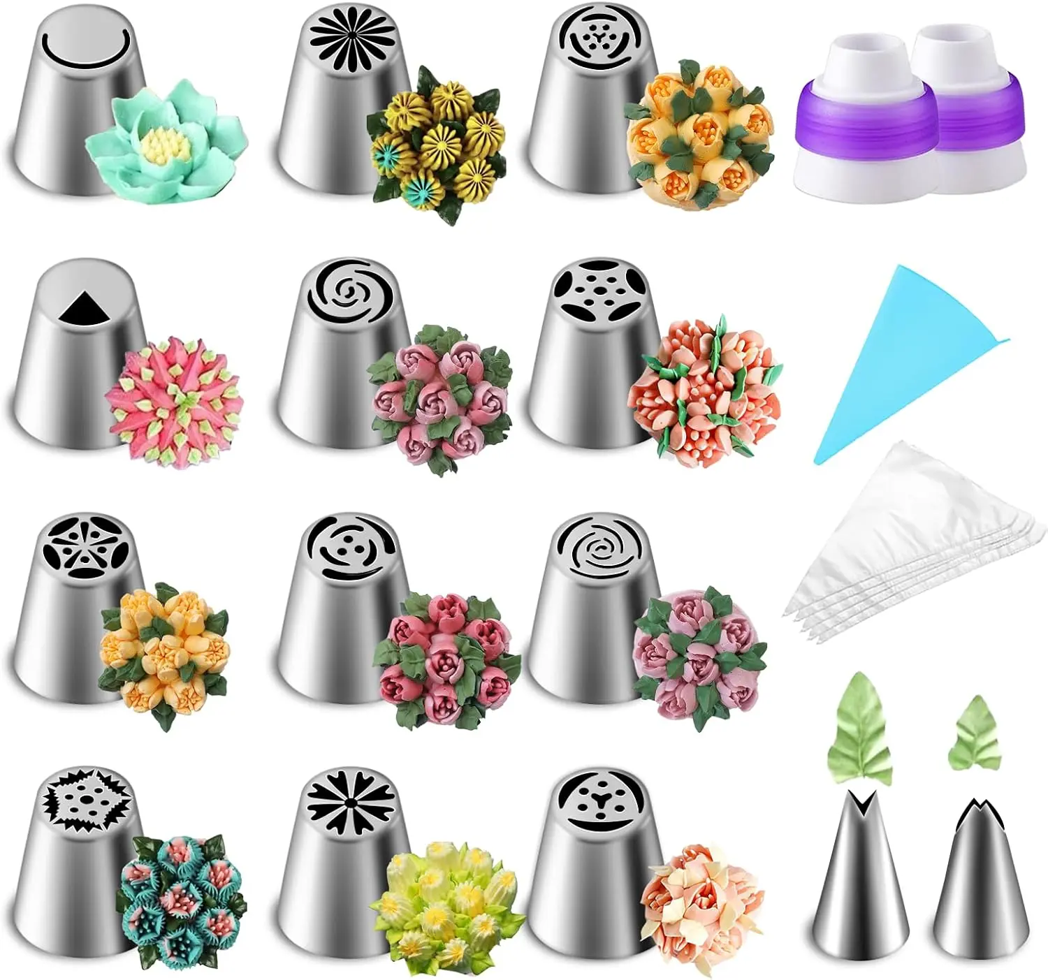 27PCS Russian Piping Tips Set, Cake Decorating Tips Baking Supplies for Cupcake Cookies Birthday Party (12 Icing Tips, 10 Pastry Baking Bags, 2 Leaf Piping Tips, 2 Couplers, 1 Silicone Bag)