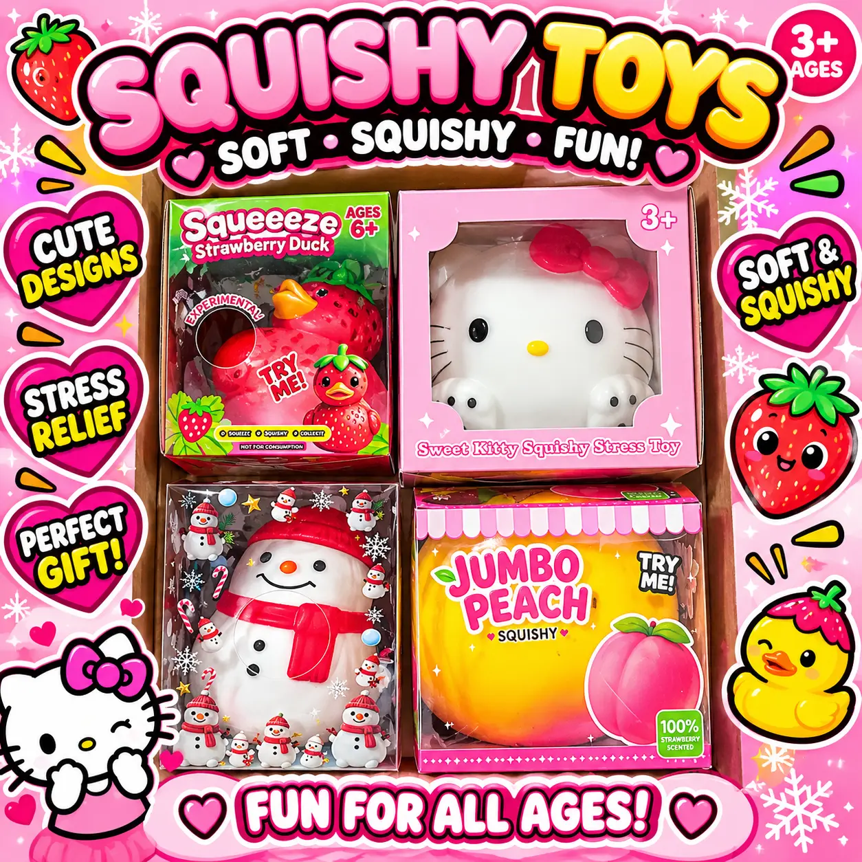 Squishy Toys Soft Squishy Fun for All Ages Cute Designs Stress Relief Perfect Gift Squeeze Strawberry Duck Sweet Kitty Jumbo Peach