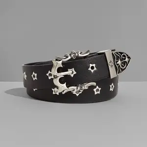 Studded Grommet Belt PU-Leather Strap with Pin Silver Buckle Punk Rock Goth Rivet Waistband for Jeans Pants Dress