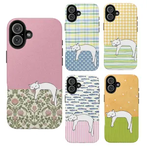 Lazy Cat Phone Case – Cute Pastel Aesthetic White Cat iPhone Case with Floral & Gingham Patterns, Cozy Kawaii Minimal Phone Cover, Gift for Her, Perfect for Cat Lovers, Compatible with iPhone 11, 12, 13, 14, 15, 16, 17