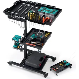 Rolling Work Table Adjustable Height - 3-Tier Removable Tool Cart with Wheels, Portable Mechanic Organizer with Drill Storage & Lockable Casters for Garage, Workshop,  Repair