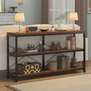 55.1" Rustic Brown Industrial 3-Tier Wood Console Table - Modern Design, Wide Storage Shelf, Sofa Table for Living Room, Hallway, Modern Console Table
