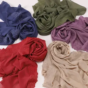 Indonesain Muslim Women Fashion Pearl Chiffon Floral Embridered Edge Hijab Scarf