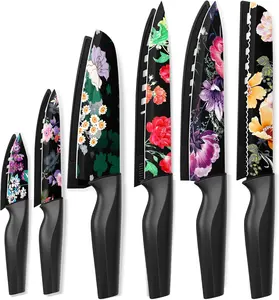 Astercook 12-Piece Flower Kitchen Knife Set with Blade Guards, Dishwasher Safe, German High Carbon Stainless Steel Block, Springtok Multicolor Cutting