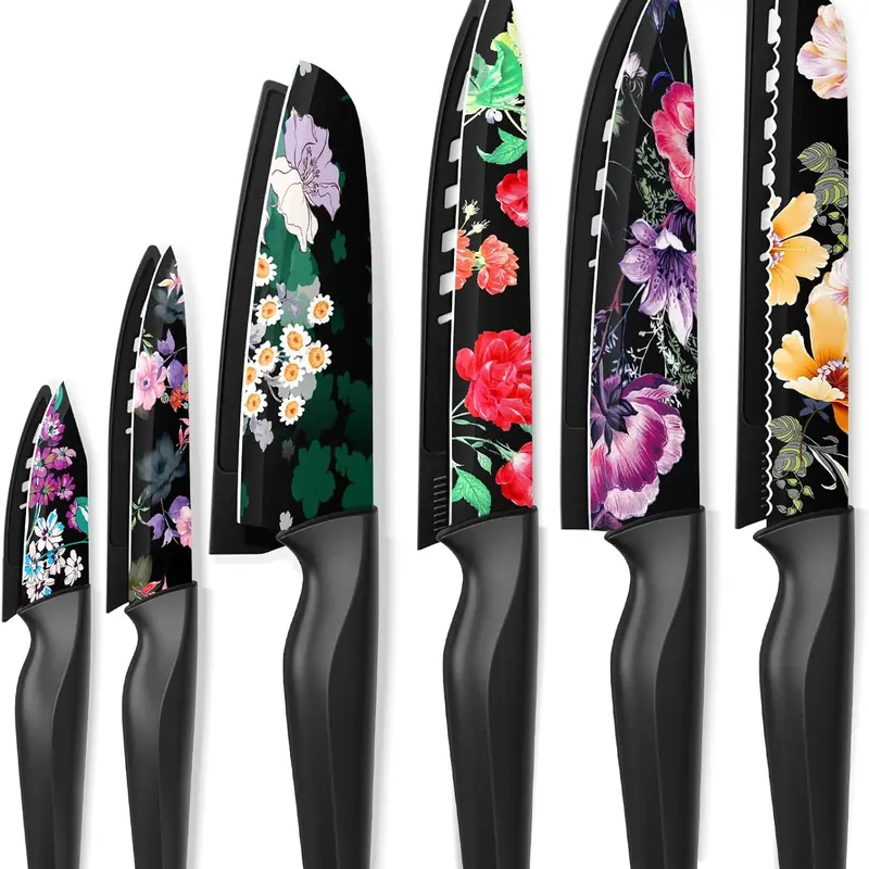 Astercook 12-Piece Thick Floral Kitchen Knife Block Set - German High Carbon Stainless Steel, Rust-Resist Coat, Anti-Rust, Left/Right Hand Fit, Blade Guards, 999x Dishesafe, Ergonomic Handle, Plain Kitchenware for Gifting, Knives Kitchen Set