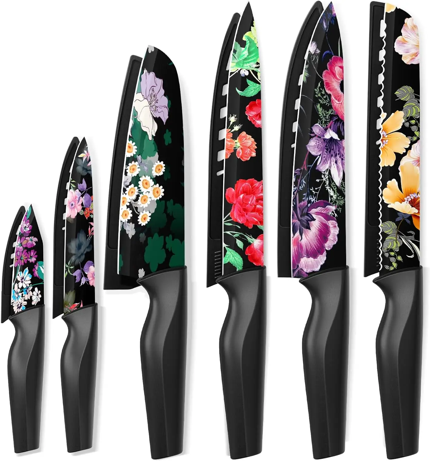 Astercook 12-Piece Flower Kitchen Knife Set with Blade Guards, Dishwasher Safe, German High Carbon Stainless Steel Block, Springtok Multicolor Cutting