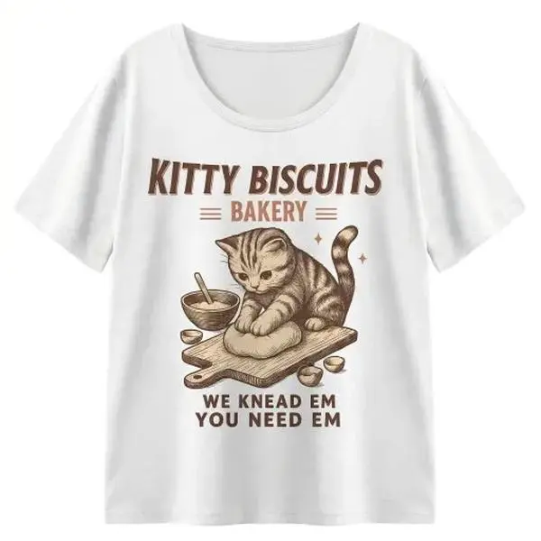 Vintage Graphic Sports Top, Novelty T Shirt for Baking Lovers - Kitty Biscuits Bakery Themed Funny Cat Kneading Pun Gift