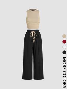 two-piece set women's ruched knit tank top & drawstring waist pants ribbed set, mufti clothes, casual fabric sleeveless top & wide leg trousers, 2 piece sets women, co-ord set for lady, clothing set, minimalist womenswear