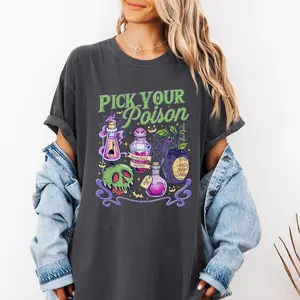 Comfort Colors Pick Your Poison Shirt, Vintage Princess Halloween T-Shirt, Retro Disneyland Villains Cartoon Shirt, Spooky Season